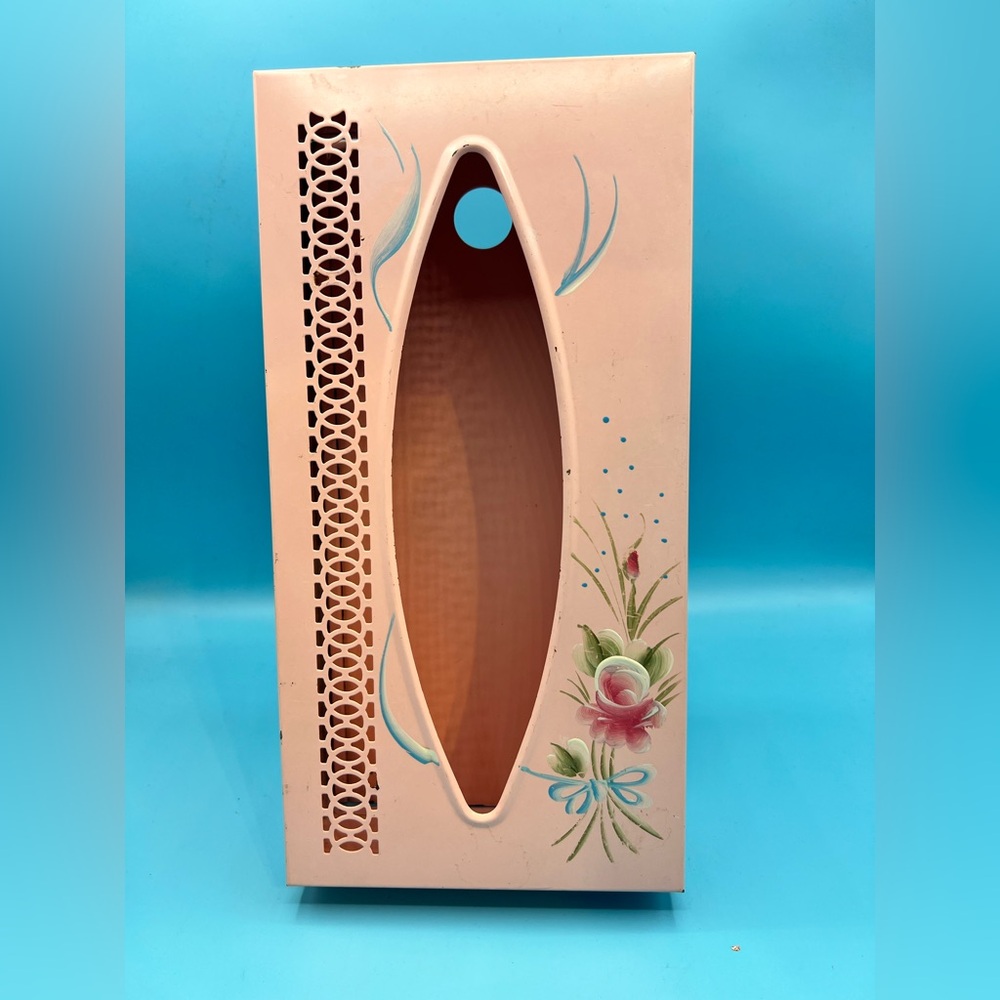 Pale Pink Metal Tissue/Kleenex Box Holder for mounting Hand Painted